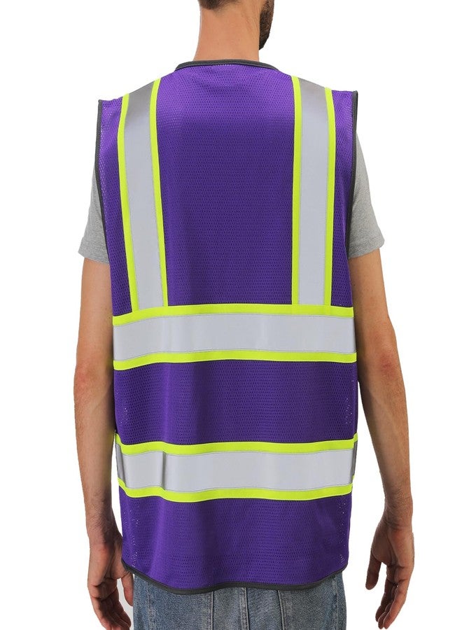 Dib Safety Reflective Mesh Vest High Visibility Two Tone with Pockets and Zipper, Purple Mesh with Yellow Trim 2XL - Image 2